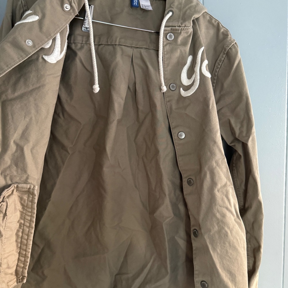 New York Embroidered Hooded Jacket Shacket Mens Large Khaki/Tan Modern Uniform - Picture 11 of 12